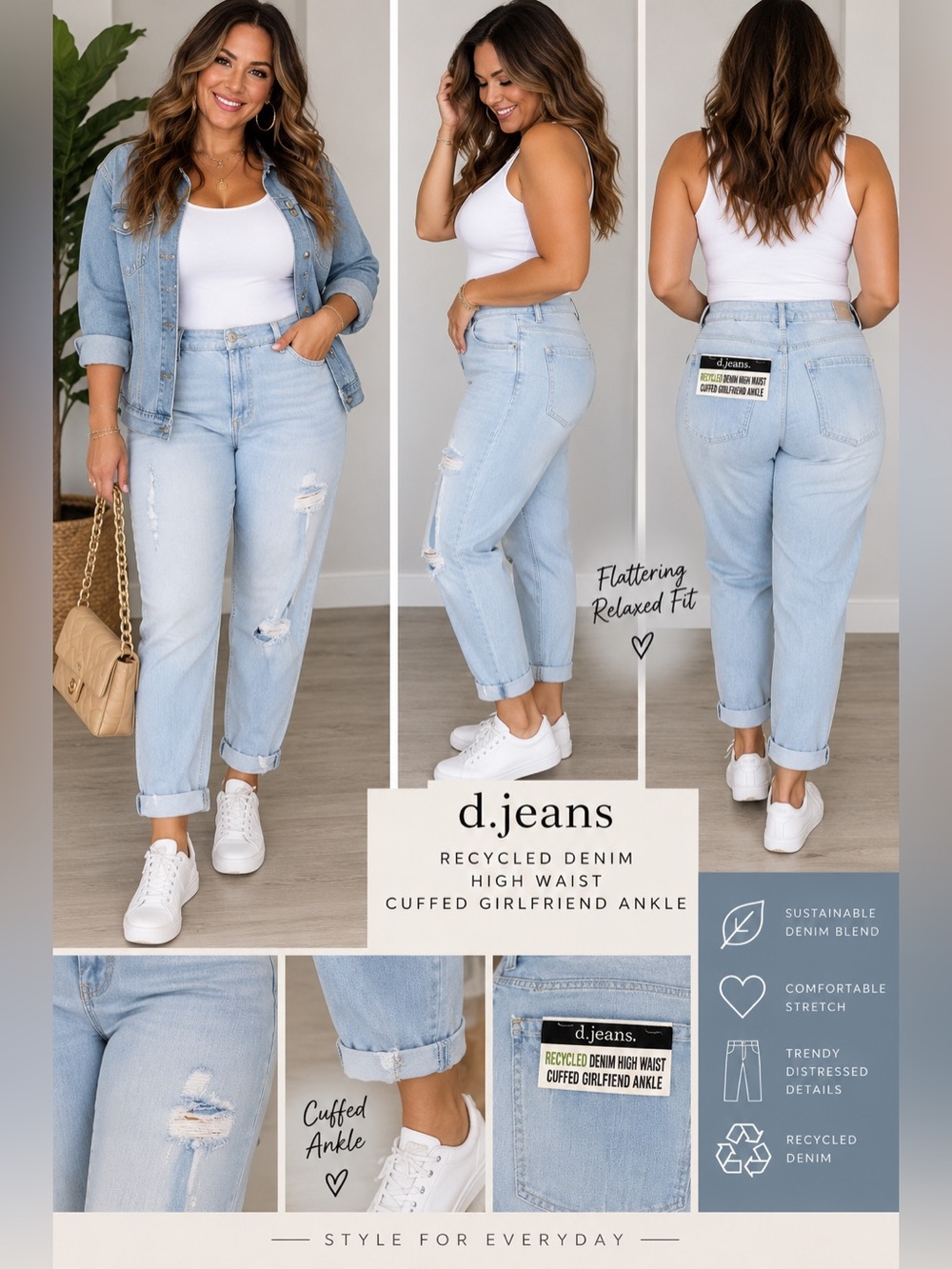 d. jeans Light Blue High-Waist Cuffed Boyfriend Jeans